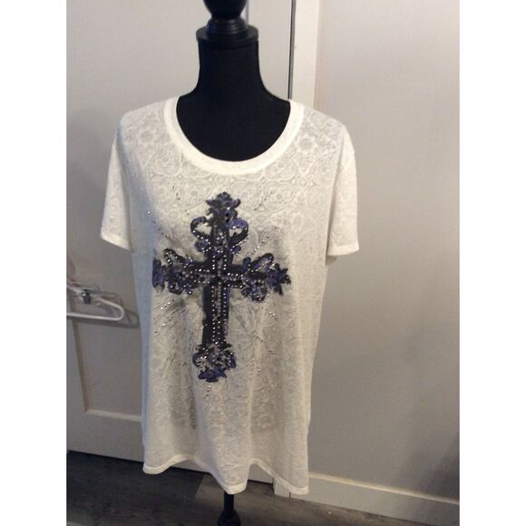 Wrangler Rock 47 XXL Cross Rhinestone Tee Lace Print Western Cowgirl Bikercore - Picture 1 of 6